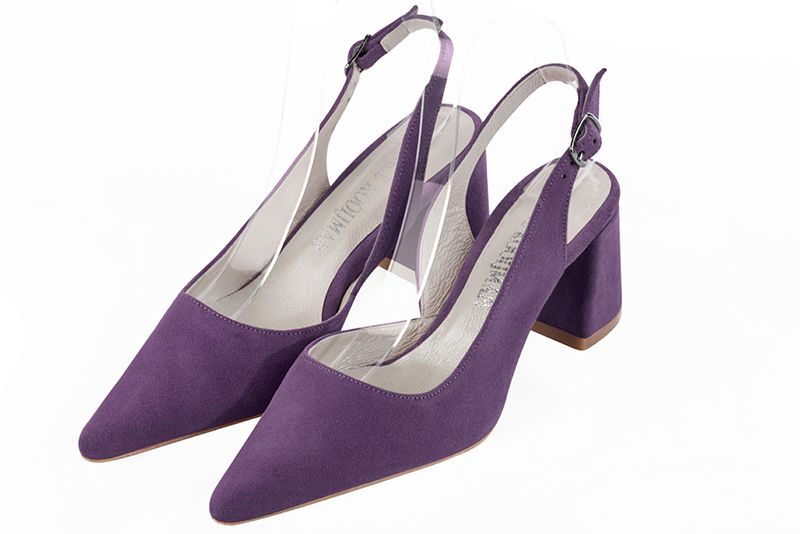 Amethyst purple women's slingback shoes. Pointed toe. Medium flare heels. Front view - Florence KOOIJMAN
